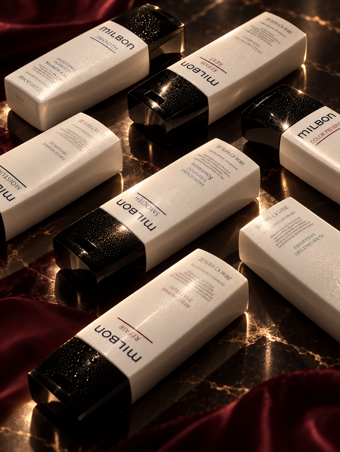 Milbon Pflegeprodukte als luxuriöses Editorial arrangiert
